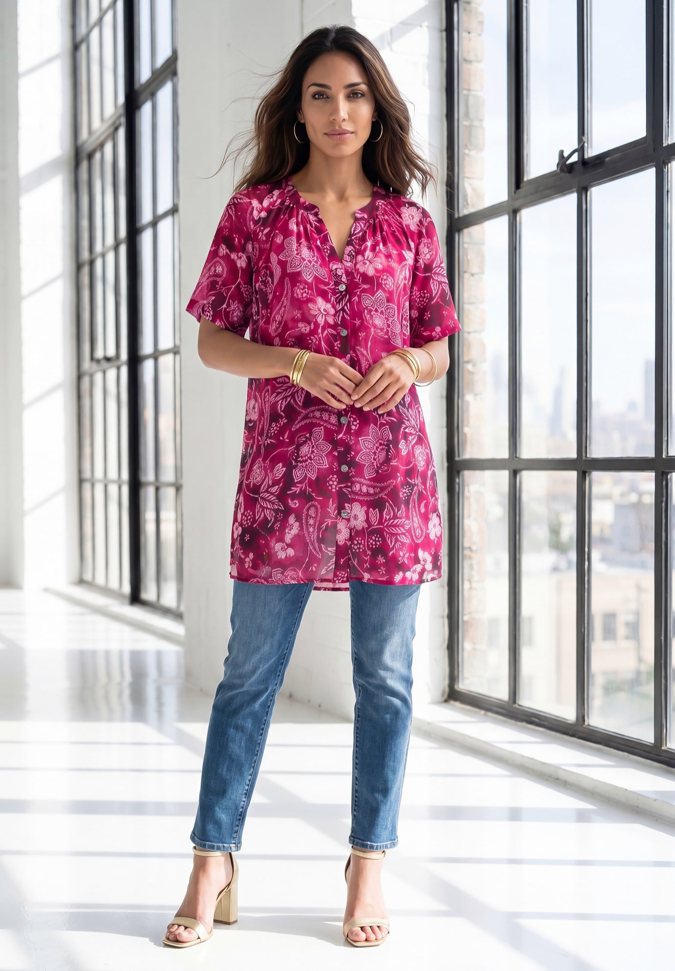 Plus Size Angelina Crinkle Crepe Y-Neck Short Sleeve Tunic image number 0