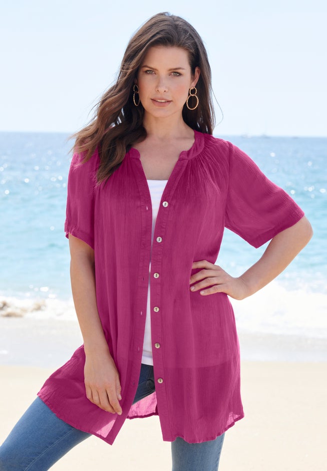 Plus Size Angelina Crinkle Crepe Y-Neck Short Sleeve Tunic image number 1