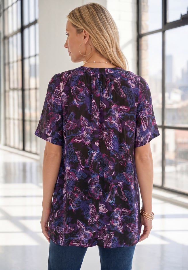 Plus Size Angelina Crinkle Crepe Y-Neck Short Sleeve Tunic image number 1