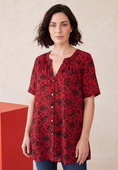 Plus Size Angelina Crinkle Crepe Y-Neck Short Sleeve Tunic
