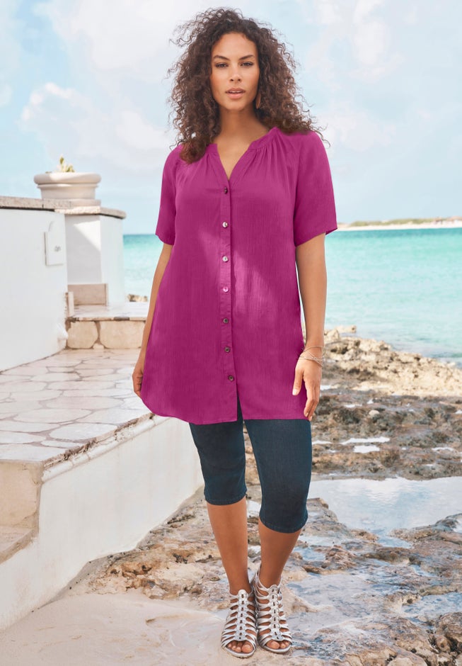 Plus Size Angelina Crinkle Crepe Y-Neck Short Sleeve Tunic image number 2