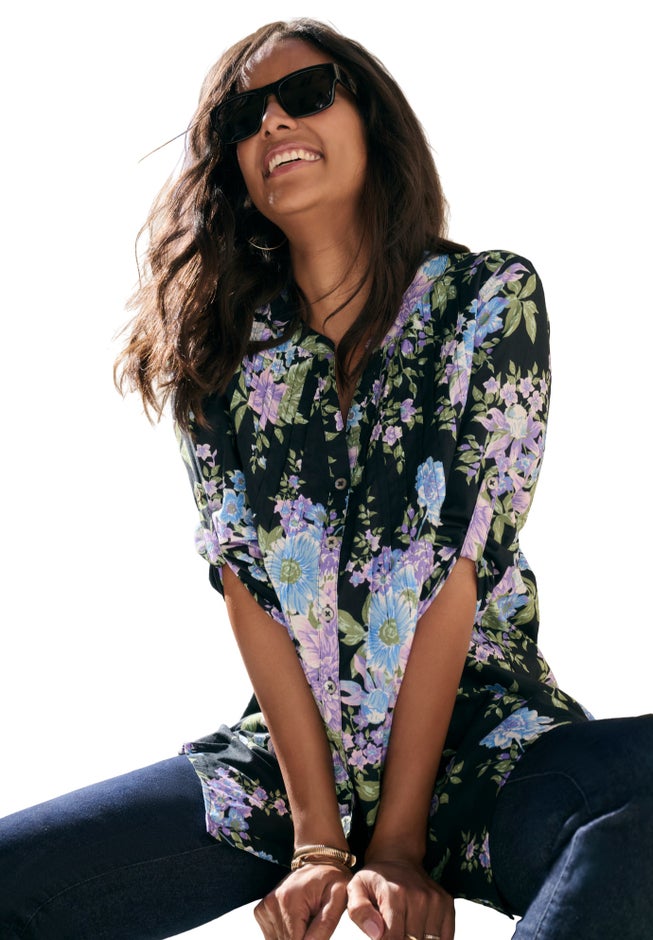 Plus Size Floral Y-Neck Pintuck Tunic &ndash; Adjustable Long Sleeve Button-Front, Relaxed Shirt Style image number 2