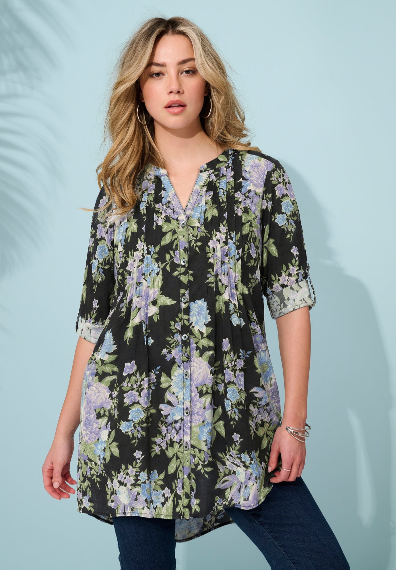 Plus Size Floral Y-Neck Pintuck Tunic &ndash; Adjustable Long Sleeve Button-Front, Relaxed Shirt Style image number 0