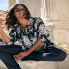 Plus Size Floral Y-Neck Pintuck Tunic &ndash; Adjustable Long Sleeve Button-Front, Relaxed Shirt Style image number null