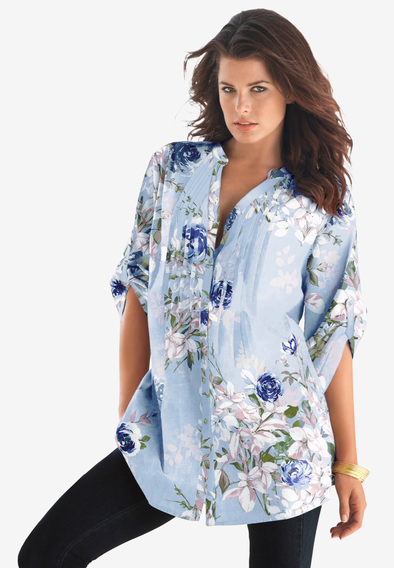 Plus Size Floral Y-Neck Pintuck Tunic – Adjustable Long Sleeve Button-Front, Relaxed Shirt Style image number 0