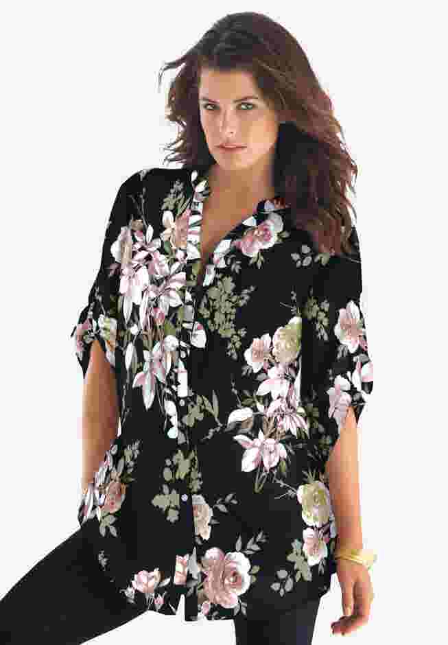 Plus Size Floral Y-Neck Pintuck Tunic – Adjustable Long Sleeve Button-Front, Relaxed Shirt Style image number 0