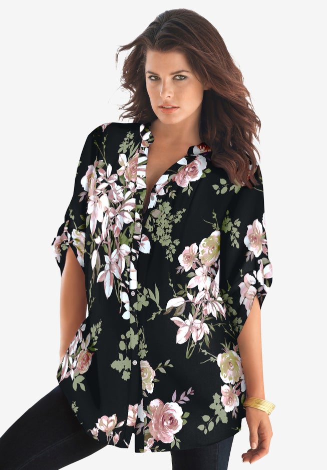 Plus Size Floral Y-Neck Pintuck Tunic – Adjustable Long Sleeve Button-Front, Relaxed Shirt Style image number 0