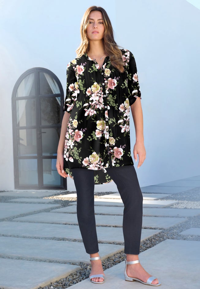 Plus Size Floral Y-Neck Pintuck Tunic &ndash; Adjustable Long Sleeve Button-Front, Relaxed Shirt Style image number 2