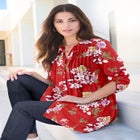 Plus Size Floral Y-Neck Pintuck Tunic &ndash; Adjustable Long Sleeve Button-Front, Relaxed Shirt Style image number null