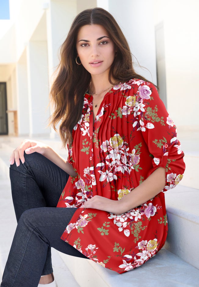 Plus Size Floral Y-Neck Pintuck Tunic &ndash; Adjustable Long Sleeve Button-Front, Relaxed Shirt Style image number 1