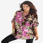 Plus Size Floral Y-Neck Pintuck Tunic &ndash; Adjustable Long Sleeve Button-Front, Relaxed Shirt Style image number null