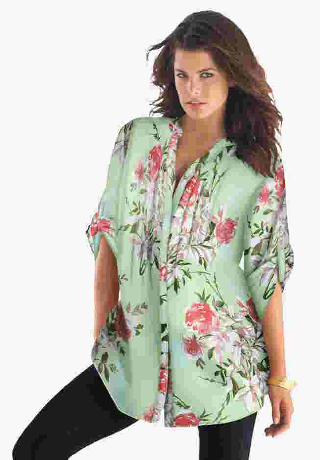 Plus Size Floral Y-Neck Pintuck Tunic – Adjustable Long Sleeve Button-Front, Relaxed Shirt Style image number 0