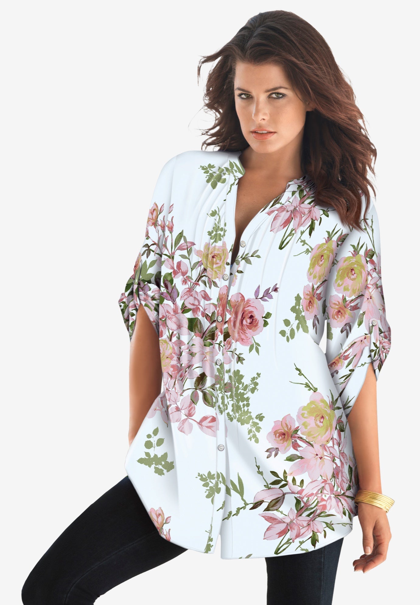 Plus Size Floral Y-Neck Pintuck Tunic – Adjustable Long Sleeve Button-Front, Relaxed Shirt Style image number 0