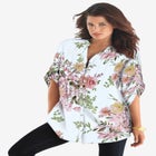 Plus Size Floral Y-Neck Pintuck Tunic – Adjustable Long Sleeve Button-Front, Relaxed Shirt Style image number null