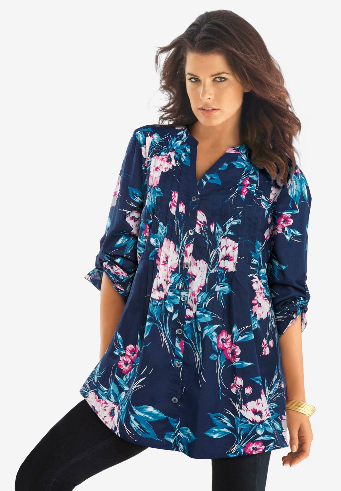 Plus Size Floral Y-Neck Pintuck Tunic – Adjustable Long Sleeve Button-Front, Relaxed Shirt Style image number 0