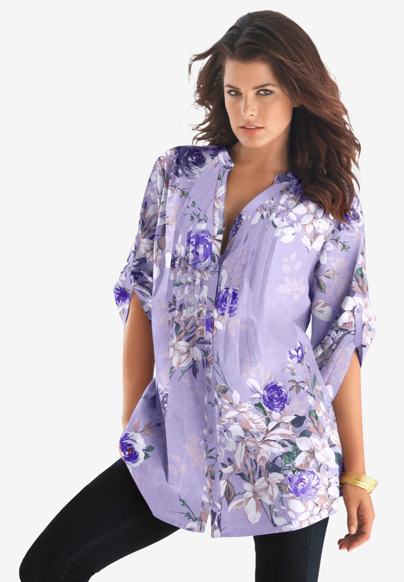 Plus Size Floral Y-Neck Pintuck Tunic – Adjustable Long Sleeve Button-Front, Relaxed Shirt Style image number 0