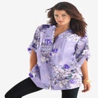 Plus Size Floral Y-Neck Pintuck Tunic – Adjustable Long Sleeve Button-Front, Relaxed Shirt Style image number null