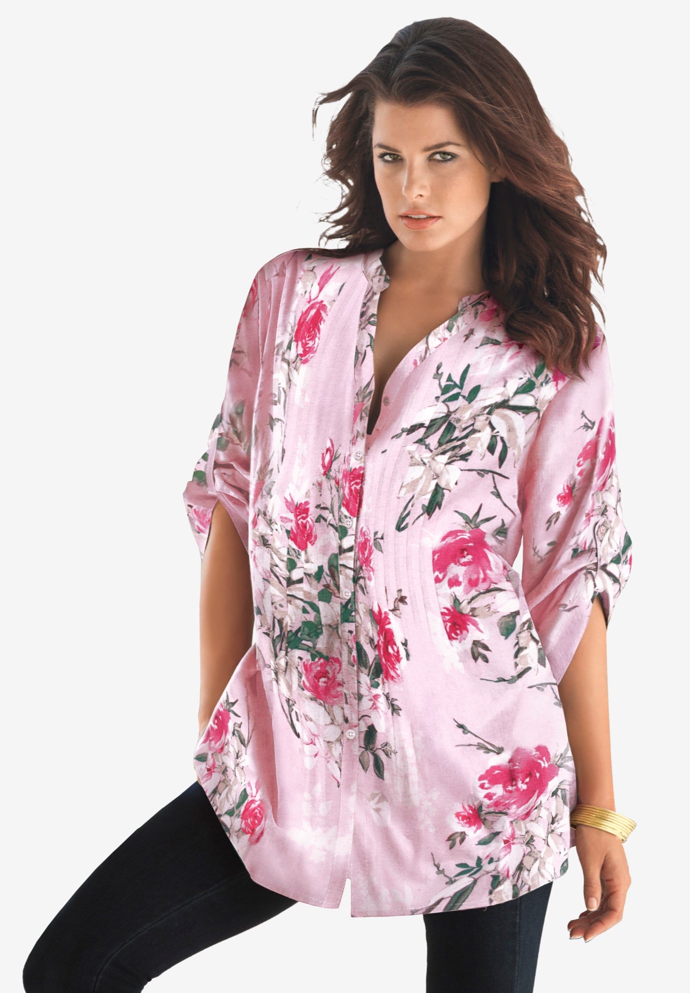 Plus Size Floral Y-Neck Pintuck Tunic – Adjustable Long Sleeve Button-Front, Relaxed Shirt Style image number 0