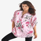 Plus Size Floral Y-Neck Pintuck Tunic – Adjustable Long Sleeve Button-Front, Relaxed Shirt Style image number null