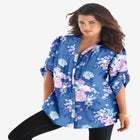 Plus Size Floral Y-Neck Pintuck Tunic &ndash; Adjustable Long Sleeve Button-Front, Relaxed Shirt Style image number null