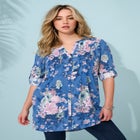 Plus Size Floral Y-Neck Pintuck Tunic &ndash; Adjustable Long Sleeve Button-Front, Relaxed Shirt Style image number null