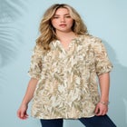 Plus Size Floral Y-Neck Pintuck Tunic &ndash; Adjustable Long Sleeve Button-Front, Relaxed Shirt Style image number null