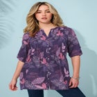 Plus Size Floral Y-Neck Pintuck Tunic &ndash; Adjustable Long Sleeve Button-Front, Relaxed Shirt Style image number null