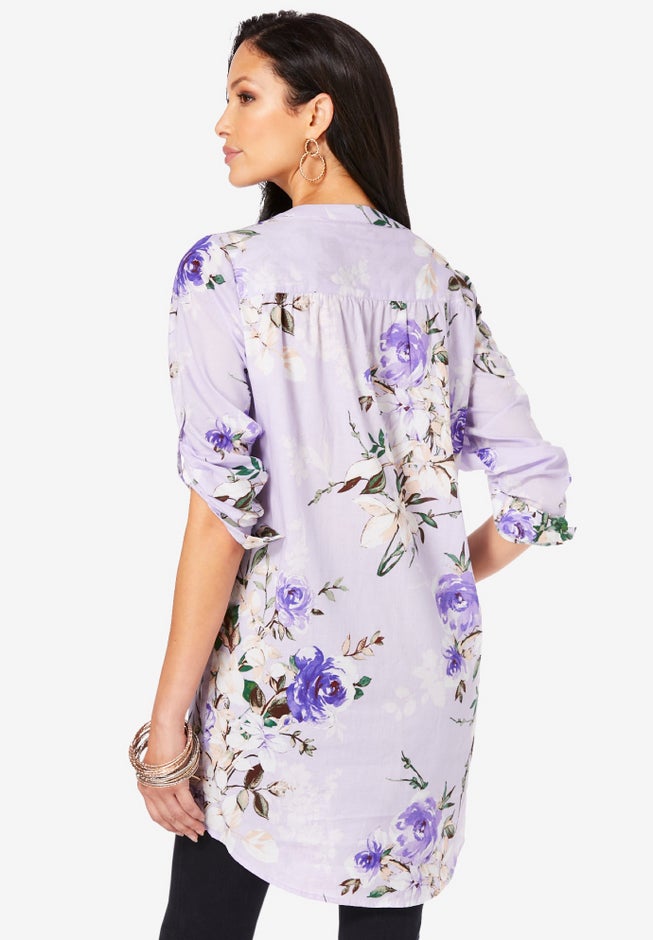 Plus Size Floral Y-Neck Pintuck Tunic – Adjustable Long Sleeve Button-Front, Relaxed Shirt Style image number 1