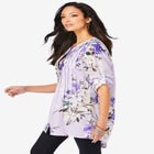 Plus Size Floral Y-Neck Pintuck Tunic – Adjustable Long Sleeve Button-Front, Relaxed Shirt Style image number null