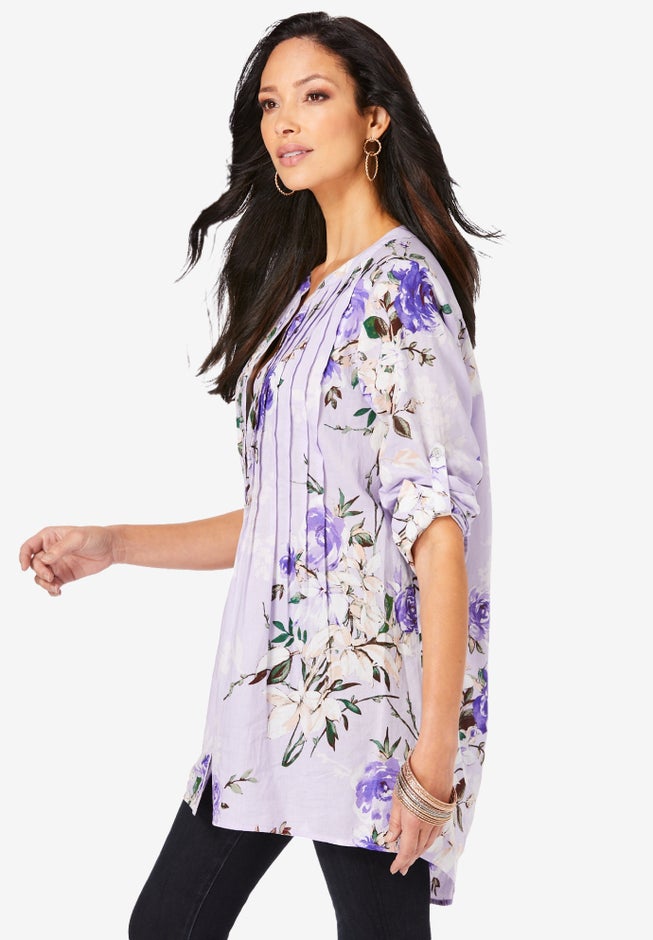 Plus Size Floral Y-Neck Pintuck Tunic – Adjustable Long Sleeve Button-Front, Relaxed Shirt Style image number 3