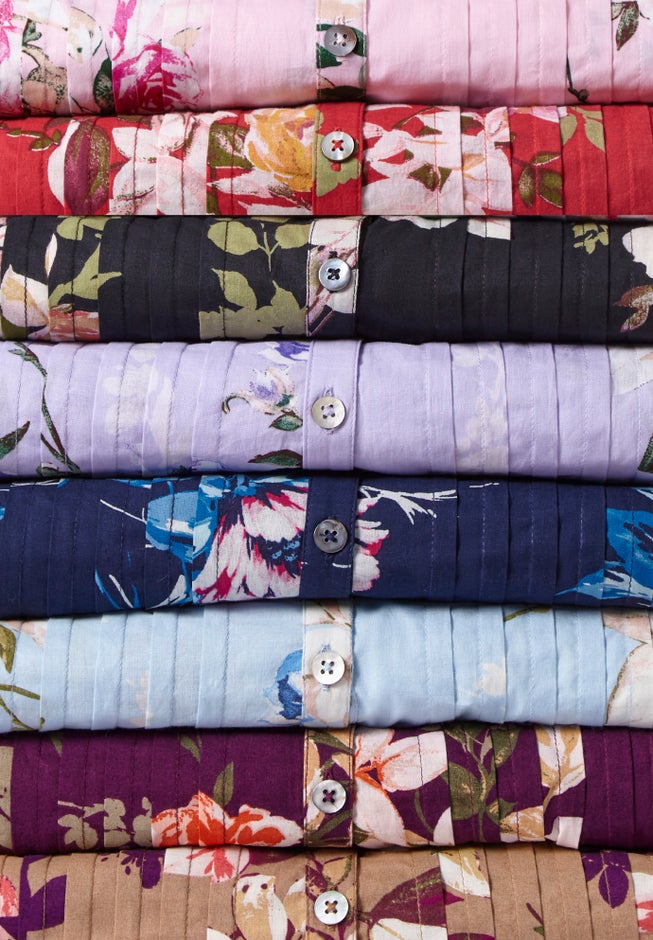 Plus Size Floral Y-Neck Pintuck Tunic – Adjustable Long Sleeve Button-Front, Relaxed Shirt Style image number 4