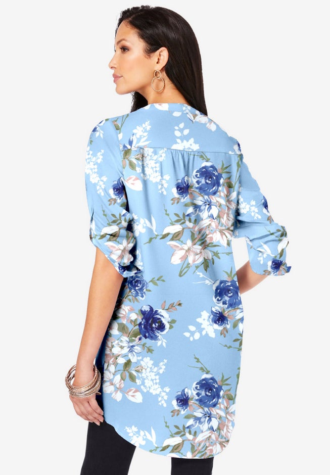 Plus Size Floral Y-Neck Pintuck Tunic – Adjustable Long Sleeve Button-Front, Relaxed Shirt Style image number 1