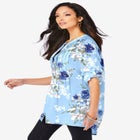 Plus Size Floral Y-Neck Pintuck Tunic – Adjustable Long Sleeve Button-Front, Relaxed Shirt Style image number null