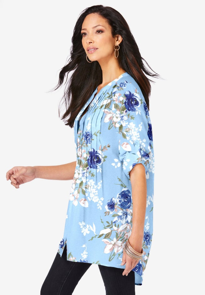 Plus Size Floral Y-Neck Pintuck Tunic – Adjustable Long Sleeve Button-Front, Relaxed Shirt Style image number 2