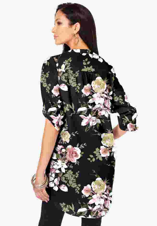 Plus Size Floral Y-Neck Pintuck Tunic – Adjustable Long Sleeve Button-Front, Relaxed Shirt Style image number 1