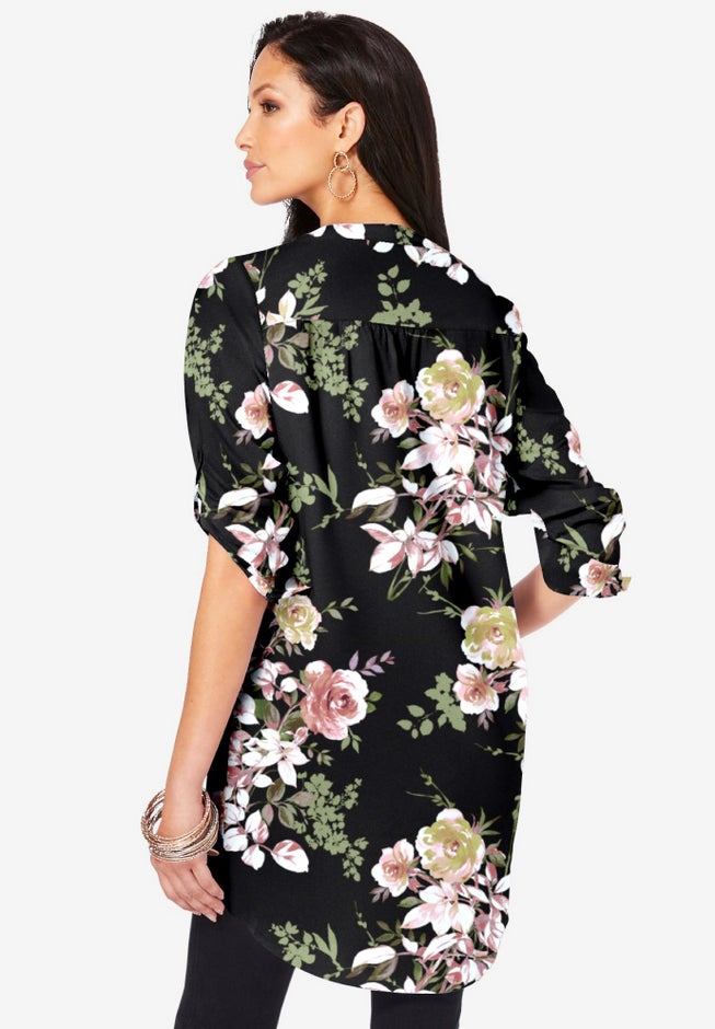 Plus Size Floral Y-Neck Pintuck Tunic – Adjustable Long Sleeve Button-Front, Relaxed Shirt Style image number 1