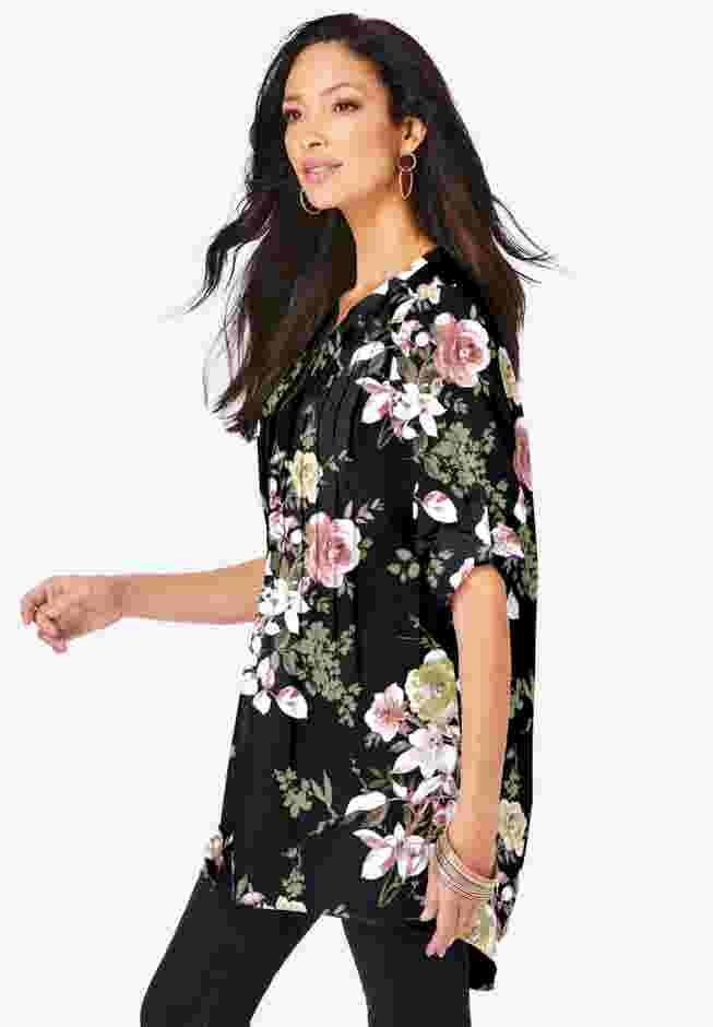 Plus Size Floral Y-Neck Pintuck Tunic – Adjustable Long Sleeve Button-Front, Relaxed Shirt Style image number 2