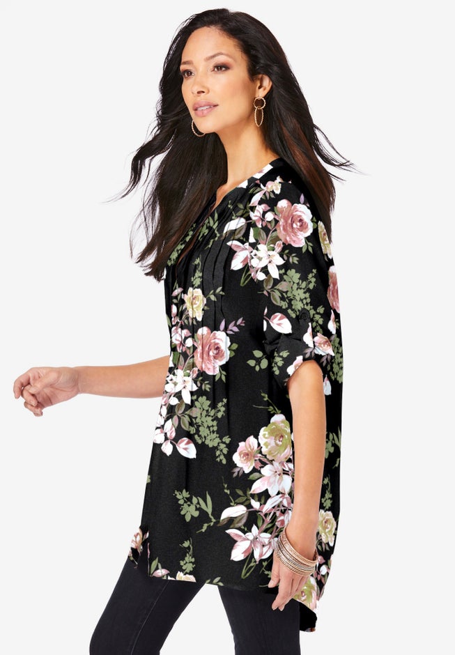 Plus Size Floral Y-Neck Pintuck Tunic – Adjustable Long Sleeve Button-Front, Relaxed Shirt Style image number 2