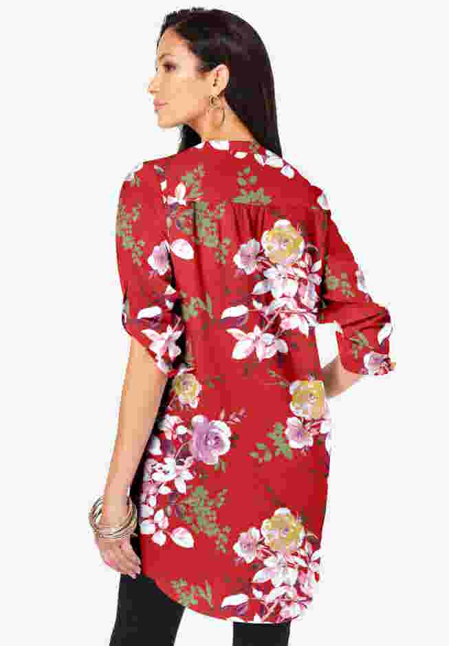 Plus Size Floral Y-Neck Pintuck Tunic – Adjustable Long Sleeve Button-Front, Relaxed Shirt Style image number 1