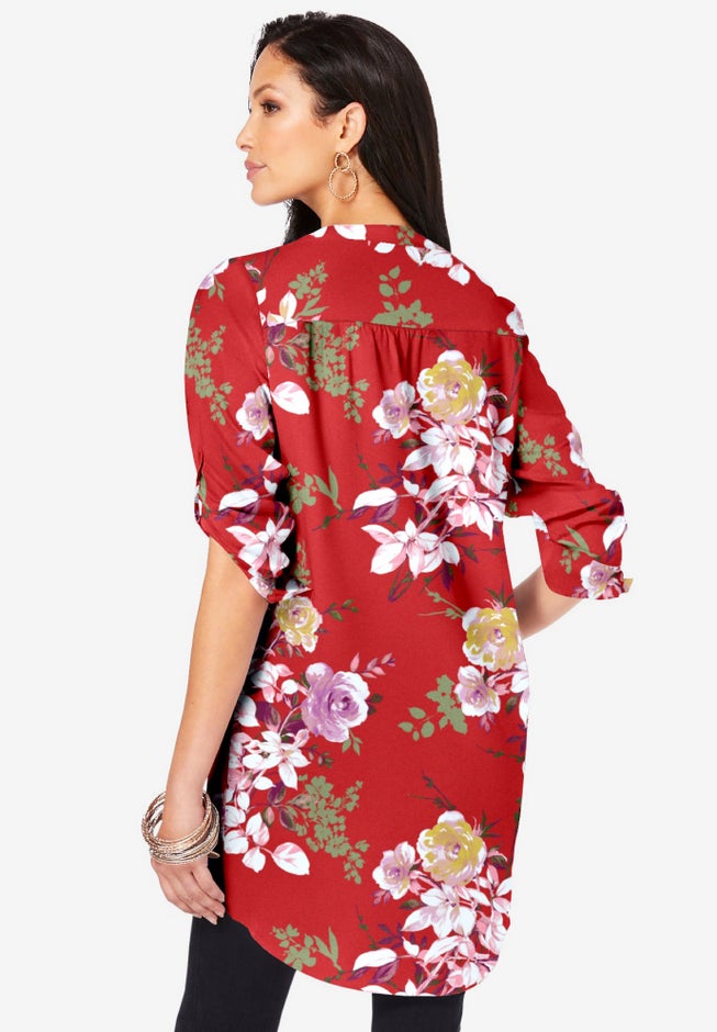 Plus Size Floral Y-Neck Pintuck Tunic – Adjustable Long Sleeve Button-Front, Relaxed Shirt Style image number 1