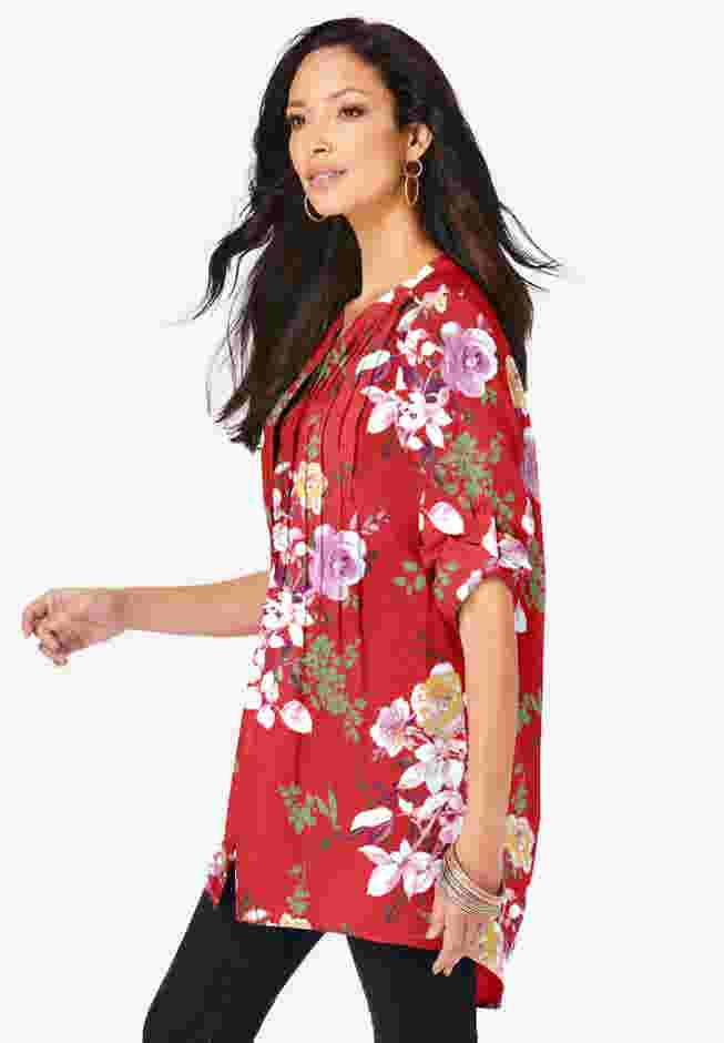 Plus Size Floral Y-Neck Pintuck Tunic – Adjustable Long Sleeve Button-Front, Relaxed Shirt Style image number 2