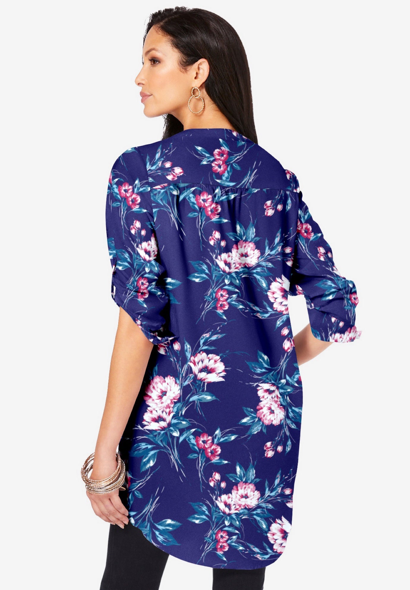 Plus Size Floral Y-Neck Pintuck Tunic – Adjustable Long Sleeve Button-Front, Relaxed Shirt Style image number 1