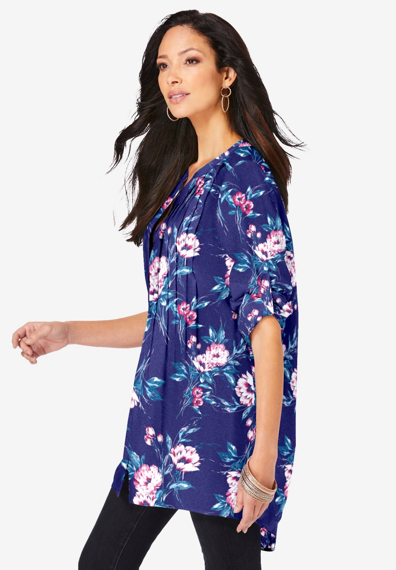 Plus Size Floral Y-Neck Pintuck Tunic – Adjustable Long Sleeve Button-Front, Relaxed Shirt Style image number 2