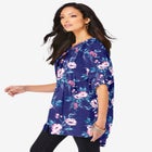 Plus Size Floral Y-Neck Pintuck Tunic – Adjustable Long Sleeve Button-Front, Relaxed Shirt Style image number null