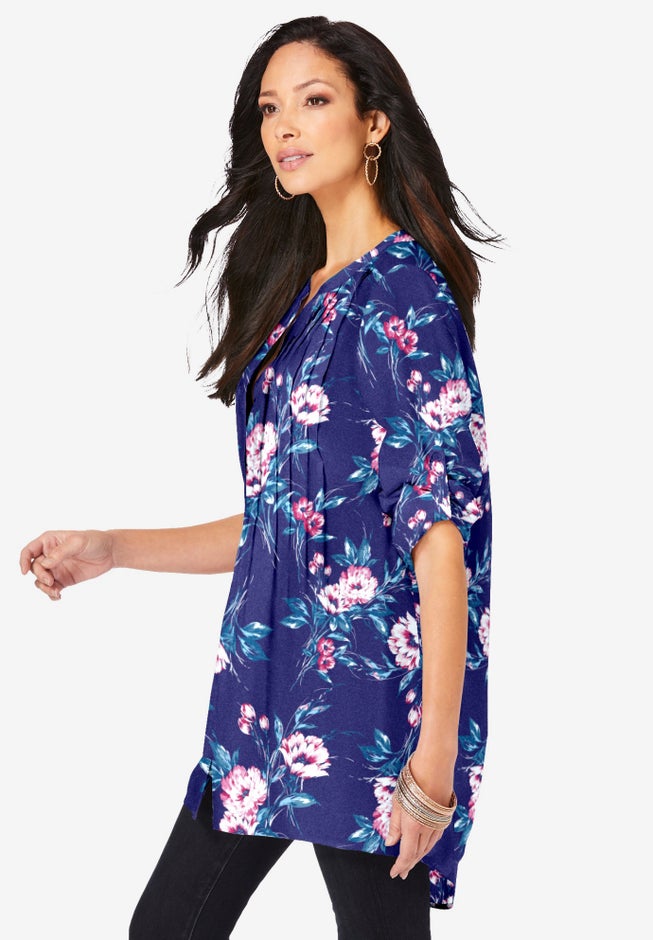 Plus Size Floral Y-Neck Pintuck Tunic – Adjustable Long Sleeve Button-Front, Relaxed Shirt Style image number 2