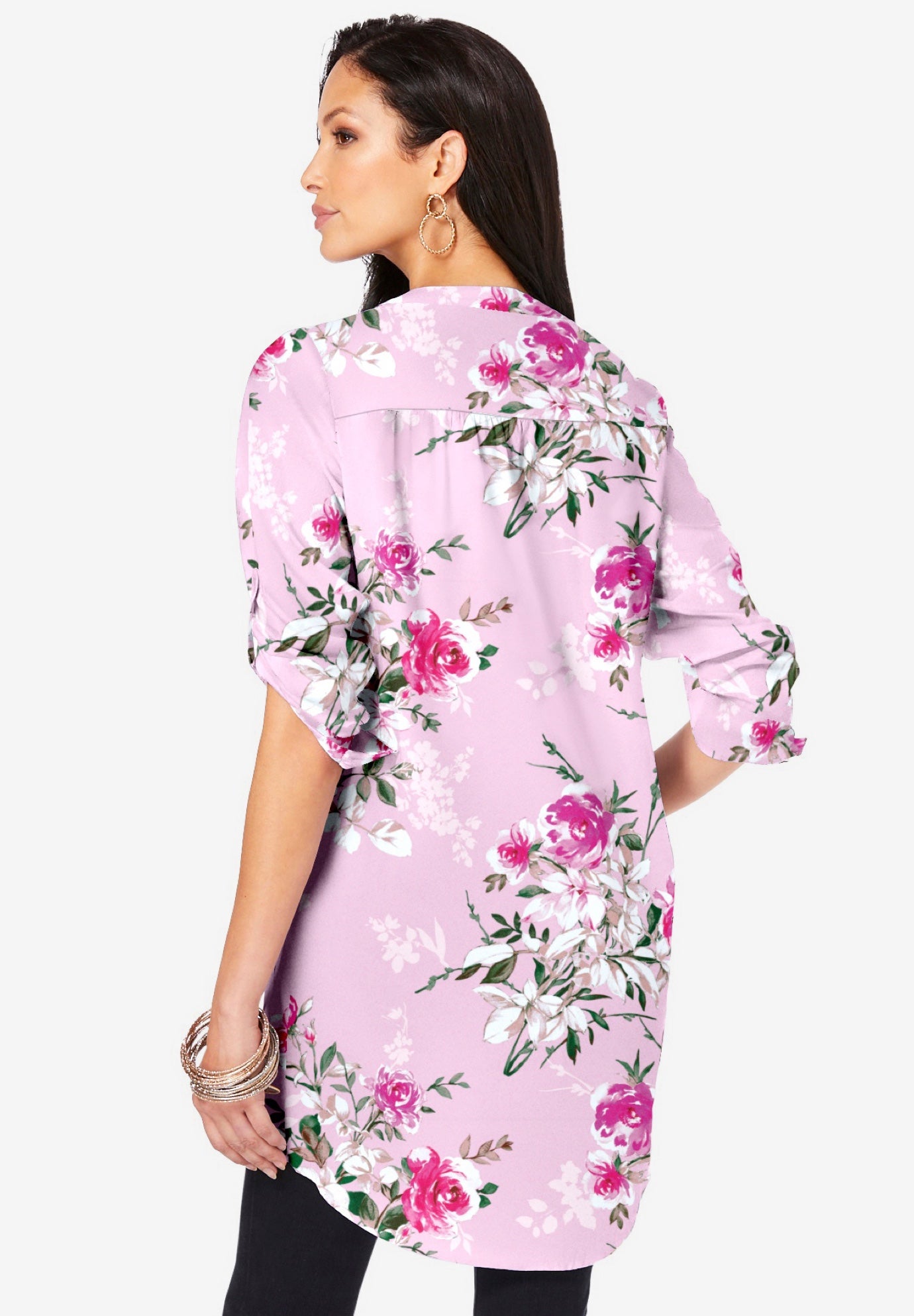 Plus Size Floral Y-Neck Pintuck Tunic – Adjustable Long Sleeve Button-Front, Relaxed Shirt Style image number 1