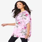 Plus Size Floral Y-Neck Pintuck Tunic – Adjustable Long Sleeve Button-Front, Relaxed Shirt Style image number null