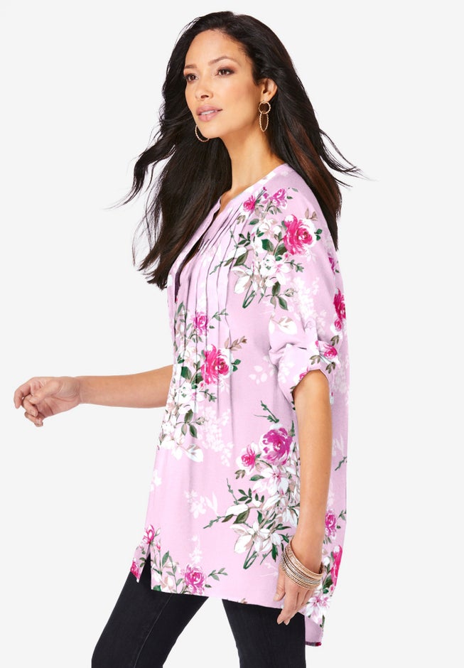 Plus Size Floral Y-Neck Pintuck Tunic – Adjustable Long Sleeve Button-Front, Relaxed Shirt Style image number 2