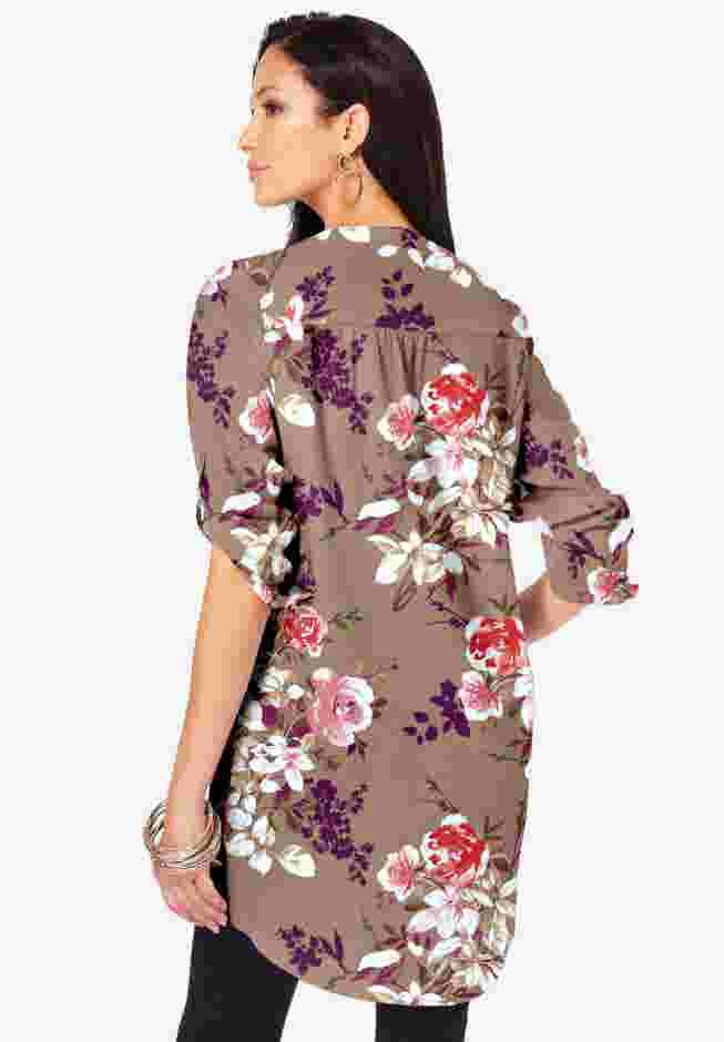 Plus Size Floral Y-Neck Pintuck Tunic – Adjustable Long Sleeve Button-Front, Relaxed Shirt Style image number 1
