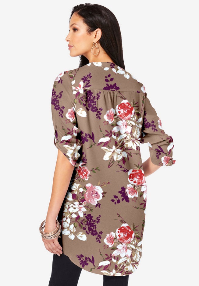 Plus Size Floral Y-Neck Pintuck Tunic – Adjustable Long Sleeve Button-Front, Relaxed Shirt Style image number 1